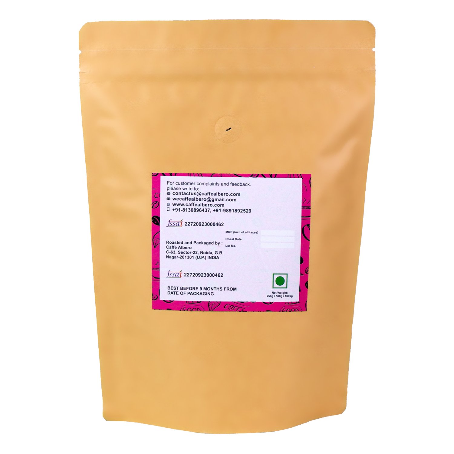 Caffe Albero 100% Arabica roasted coffee beans back with details