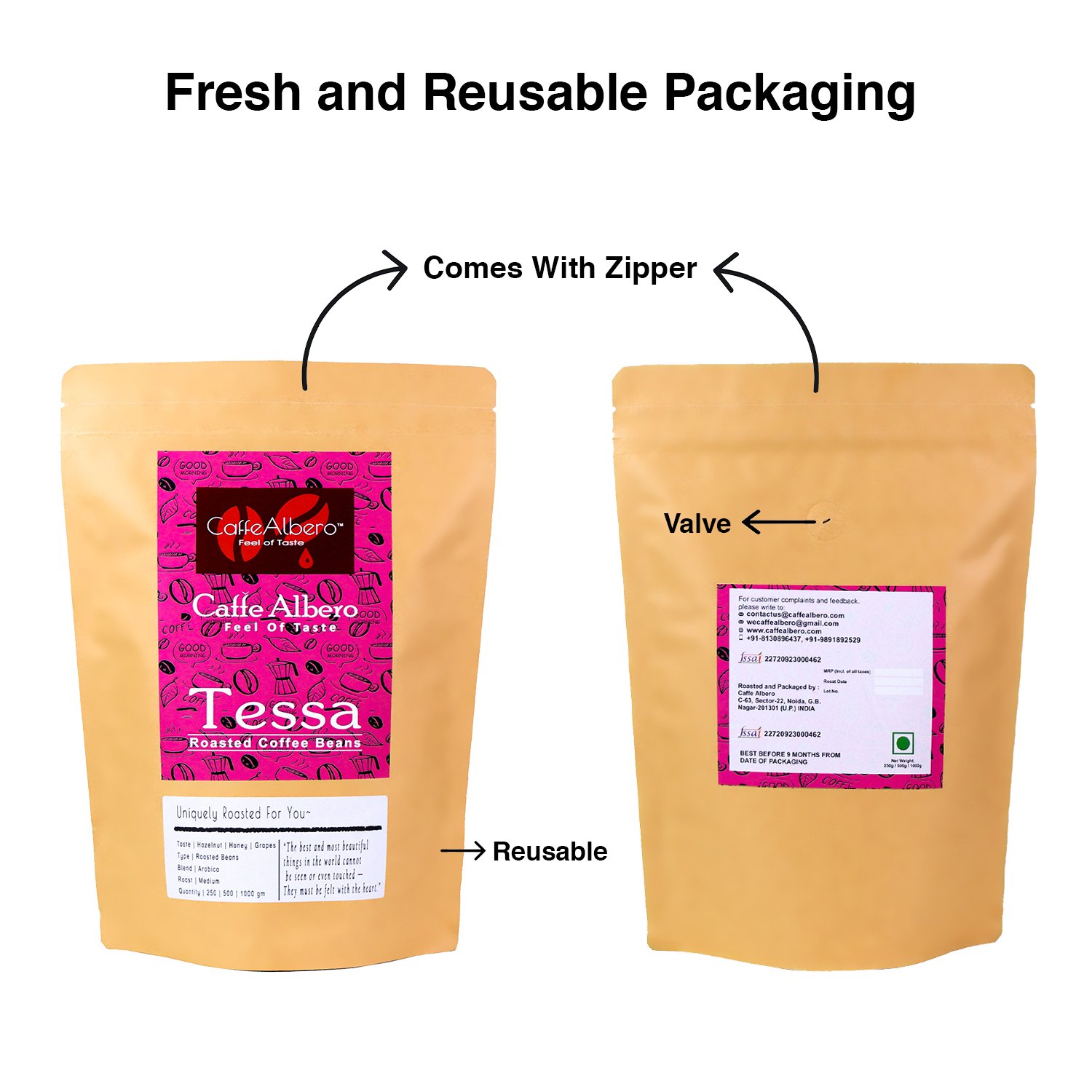 Caffe Albero Tessa 100% Arabica roasted coffee beans 500gm packet packaging