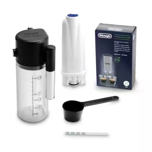 Accessories like milk carafe brush descaler and more provided along Delonghi ECAM 290.81.TB one touch automatic coffee machine