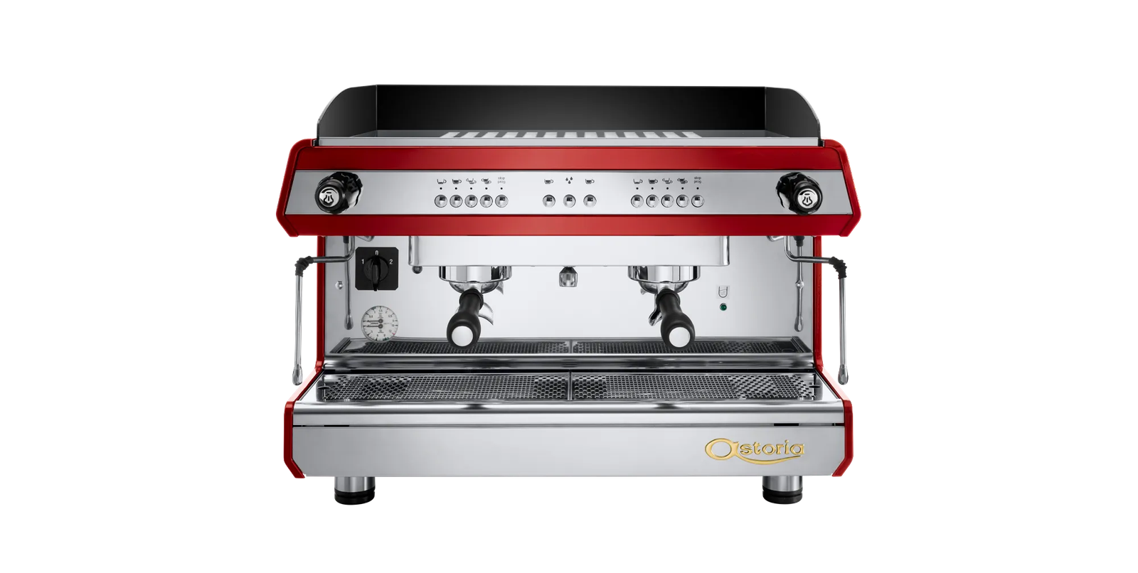 Complete front look of Astoria Tanya 2 Group Semi Automatic Coffee Machine with Steam wands Pressure Gauge and 2 Group heads
