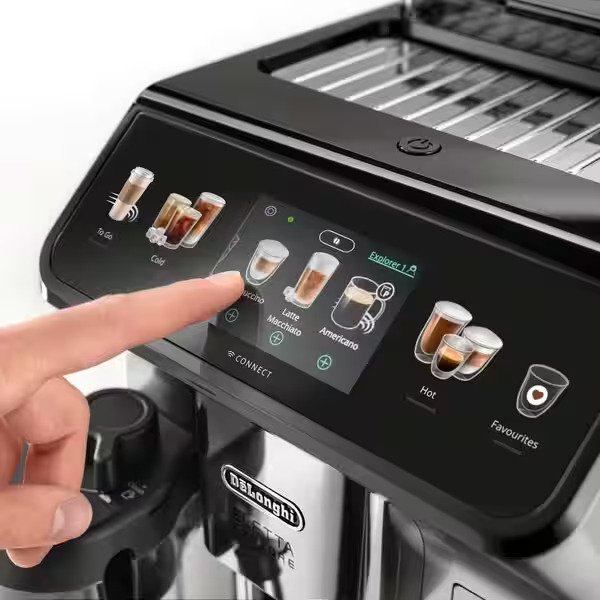 Touchpad of Delonghi ECAM 450.65.S one-touch automatic coffee machine showing several coffee options like latte espresso